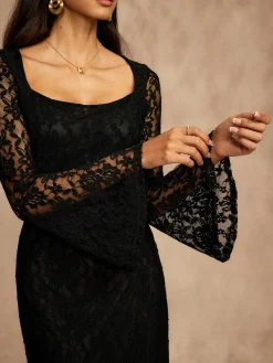 Online Lace Bell Sleeve Lined Dress Black Dresses|Casual Dresses