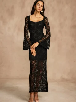 Online Lace Bell Sleeve Lined Dress Black Dresses|Casual Dresses