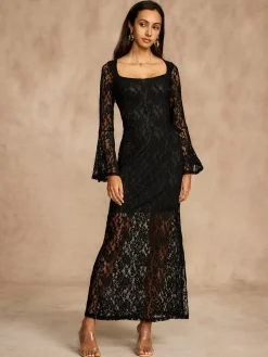 Online Lace Bell Sleeve Lined Dress Black Dresses|Casual Dresses