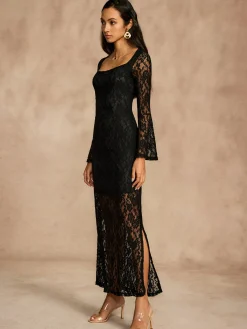 Online Lace Bell Sleeve Lined Dress Black Dresses|Casual Dresses