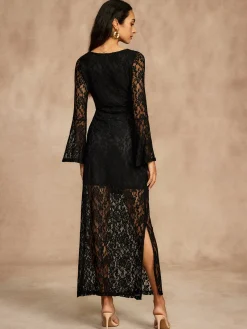 Online Lace Bell Sleeve Lined Dress Black Dresses|Casual Dresses