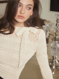 Best Lace Bow Textured Slim Blouse Blouses & Shirts|Tops