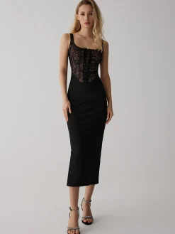 Lace Corset Square Neck Long Dress Black Dresses|Cocktail & Party Dresses