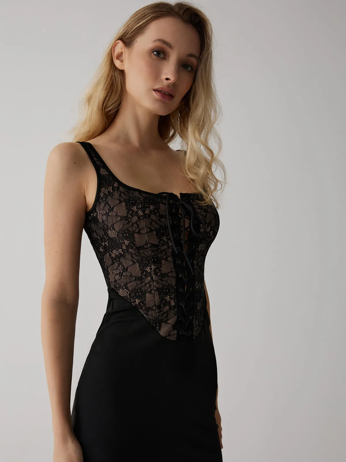 Lace Corset Square Neck Long Dress Black Dresses|Cocktail & Party Dresses