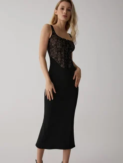 Lace Corset Square Neck Long Dress Black Dresses|Cocktail & Party Dresses