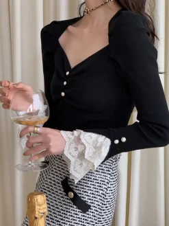 Clearance Lace Cuff Slim Sweater Sweater Tops|Sweaters & Cardigans