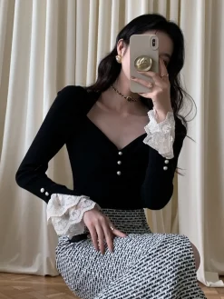 Clearance Lace Cuff Slim Sweater Sweater Tops|Sweaters & Cardigans