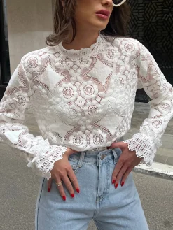Lace Embroidery Floral Mock Neck Blouse Blouses & Shirts|Tops