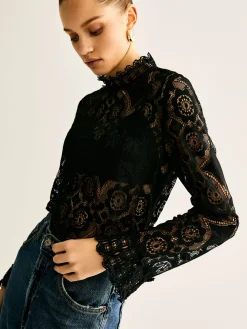 Lace Embroidery Floral Mock Neck Blouse Blouses & Shirts|Tops