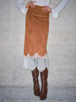 New Lace Hem Suede Skirt Skirts|Bottoms