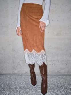 New Lace Hem Suede Skirt Skirts|Bottoms