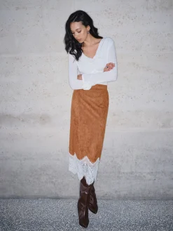New Lace Hem Suede Skirt Skirts|Bottoms