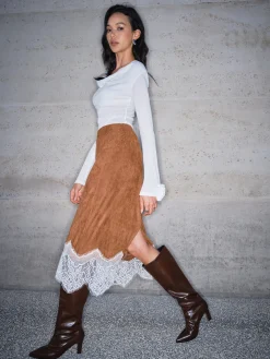 New Lace Hem Suede Skirt Skirts|Bottoms