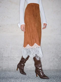 New Lace Hem Suede Skirt Skirts|Bottoms