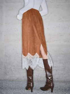 New Lace Hem Suede Skirt Skirts|Bottoms