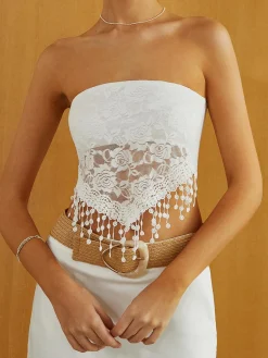Lace Insert Tassel Hem Tube Top Tank Tops & Camis
