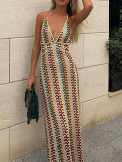 Best Lace Multi-Color Halter V-Neck Dress Casual Dresses|Vacation Dresses