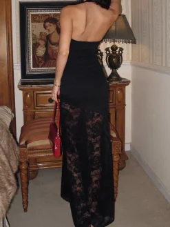 Best Lace Panel Halter Cami Dress Black Dresses|Cocktail & Party Dresses