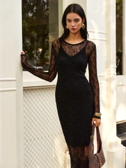 Hot Lace Panel Long Dress Casual Dresses|Cocktail & Party Dresses