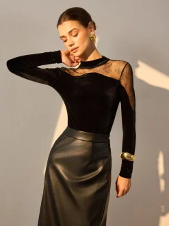 Sale Lace Panel Velvet Slim Blouse Blouses & Shirts|Tops