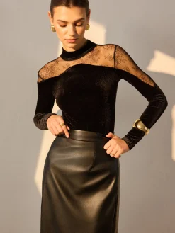 Sale Lace Panel Velvet Slim Blouse Blouses & Shirts|Tops
