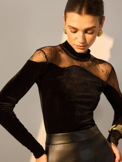 Sale Lace Panel Velvet Slim Blouse Blouses & Shirts|Tops