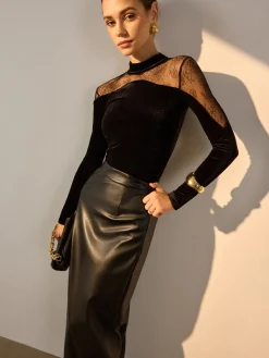 Sale Lace Panel Velvet Slim Blouse Blouses & Shirts|Tops