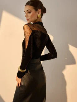 Sale Lace Panel Velvet Slim Blouse Blouses & Shirts|Tops