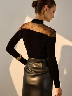 Sale Lace Panel Velvet Slim Blouse Blouses & Shirts|Tops