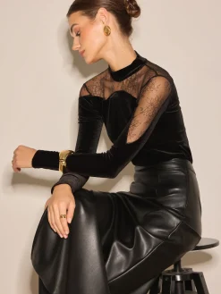 Sale Lace Panel Velvet Slim Blouse Blouses & Shirts|Tops