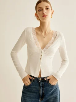 Discount Lace Panel V-Neck Blouse Blouses & Shirts|Tops