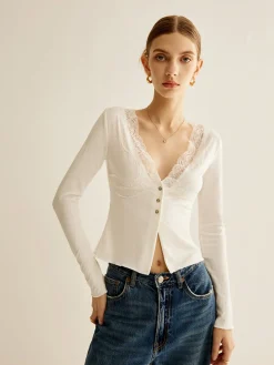 Discount Lace Panel V-Neck Blouse Blouses & Shirts|Tops