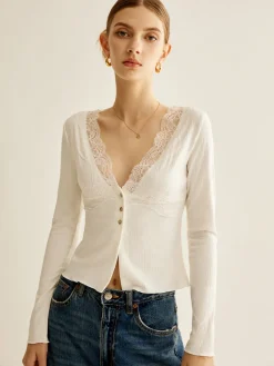 Discount Lace Panel V-Neck Blouse Blouses & Shirts|Tops