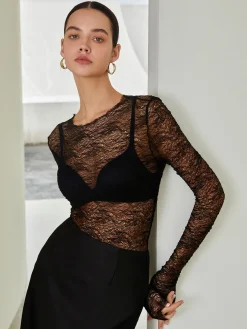 Discount Lace Raw Hem Crew Neck Long Sleeve Top T-shirts|Tops