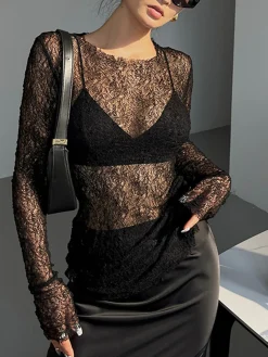 Discount Lace Raw Hem Crew Neck Long Sleeve Top T-shirts|Tops