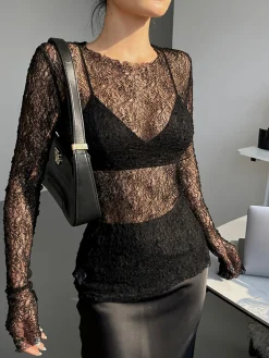Discount Lace Raw Hem Crew Neck Long Sleeve Top T-shirts|Tops
