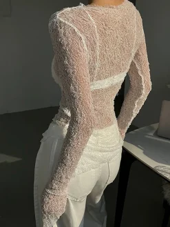 Discount Lace Raw Hem Crew Neck Long Sleeve Top T-shirts|Tops