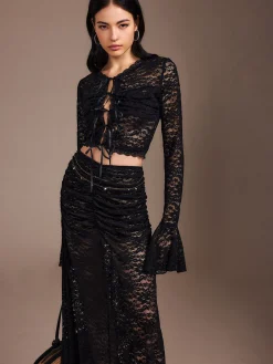 New Lace Sheer Pleated Maxi Skirt Set Skirt Sets|Long Sleeve Sets