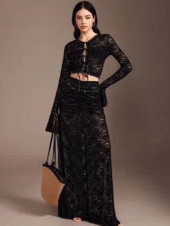 New Lace Sheer Pleated Maxi Skirt Set Skirt Sets|Long Sleeve Sets