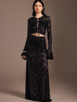 New Lace Sheer Pleated Maxi Skirt Set Skirt Sets|Long Sleeve Sets