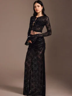 New Lace Sheer Pleated Maxi Skirt Set Skirt Sets|Long Sleeve Sets