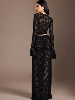 New Lace Sheer Pleated Maxi Skirt Set Skirt Sets|Long Sleeve Sets