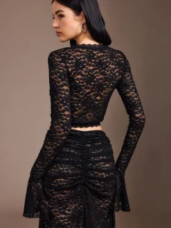 New Lace Sheer Pleated Maxi Skirt Set Skirt Sets|Long Sleeve Sets
