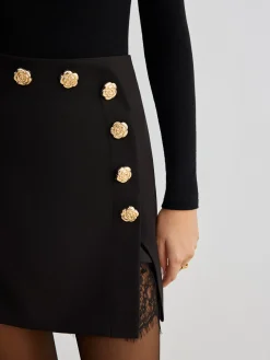 New Lace Trim Metal-Flower Zipper Skirt Skirts|Bottoms