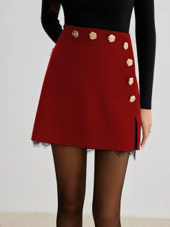Hot Lace Trim Metal-Flower Zipper Skirt Skirts|Bottoms