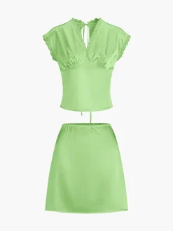 Online Lace Trim Satin Skirt Set Skirt Sets|Long Sleeve Sets