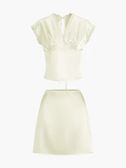 Online Lace Trim Satin Skirt Set Skirt Sets|Long Sleeve Sets
