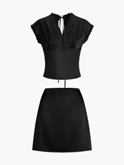 Online Lace Trim Satin Skirt Set Skirt Sets|Long Sleeve Sets