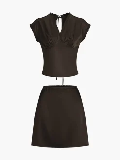 Online Lace Trim Satin Skirt Set Skirt Sets|Long Sleeve Sets
