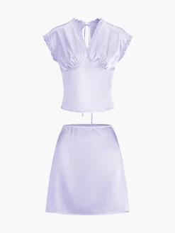 Online Lace Trim Satin Skirt Set Skirt Sets|Long Sleeve Sets